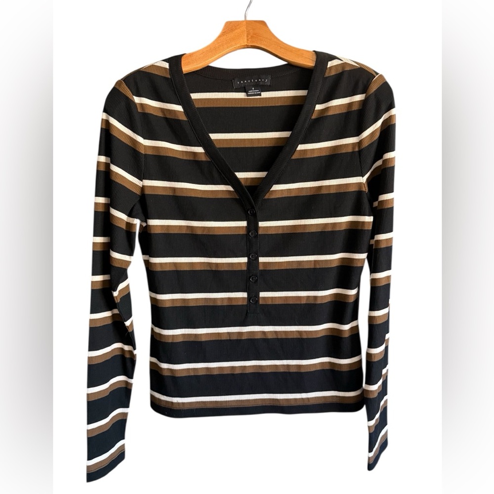 Sanctuary Black and Brown Striped Long Sleeve Top